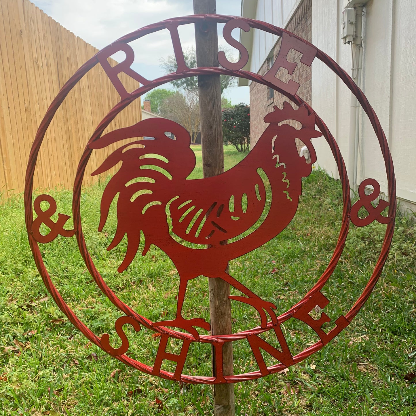 #SI_B9504 RISE & SHINE 24" RED ROOSTER CHICKEN METAL SIGN WESTERN HOME DECOR HANDMADE NEW