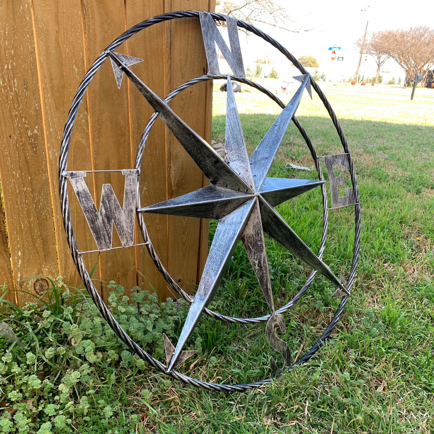 36" COMPASS GREY METAL ART WESTERN METAL ART HOME WALL DECOR RUSTIC GREY #EH10383