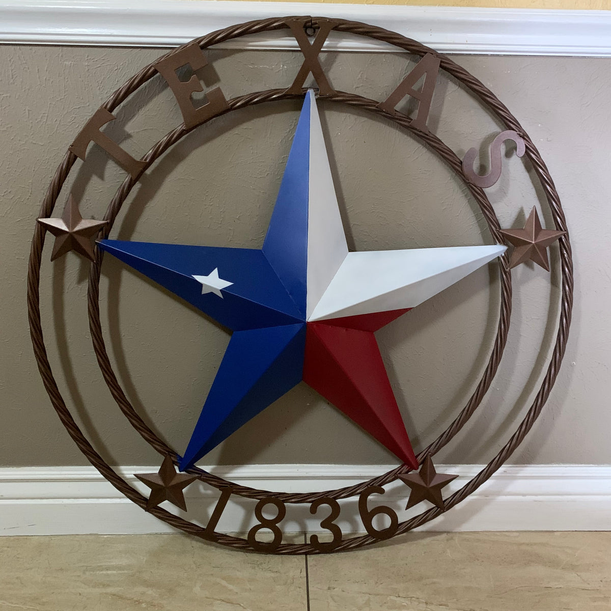 TEXAS 1836  FLAG STAR RED WHITE BLUE BARN STAR TWISTED ROPE RING BRONZE WESTERN HOME DECOR  #EH10958