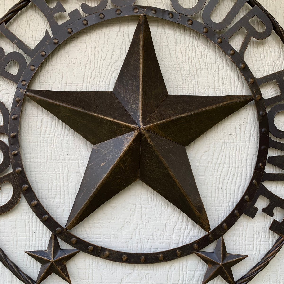 24" GOD BLESS OUR HOME BEADED STAR COLIBROX METAL TWISTED ROPE RING LONE STAR WALL ART WESTERN HOME DECOR RUSTIC DARK BRONZE COPPER HANDMADE NEW