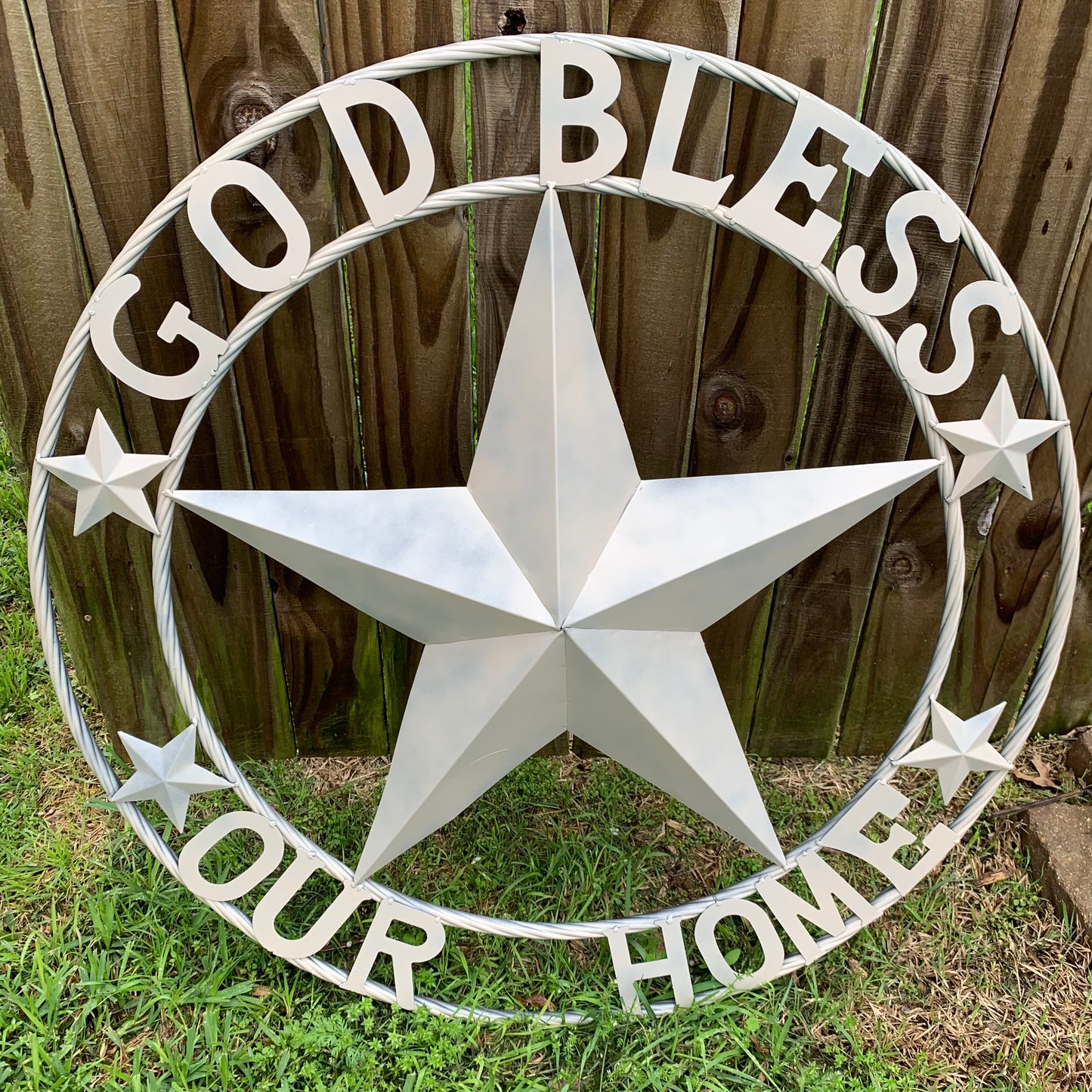 GOD BLESS OUR HOME RUSTIC BEIGE BARN METAL STAR ROPE RING WALL ART WESTERN HOME DECOR HANDMADE NEW #EH11686