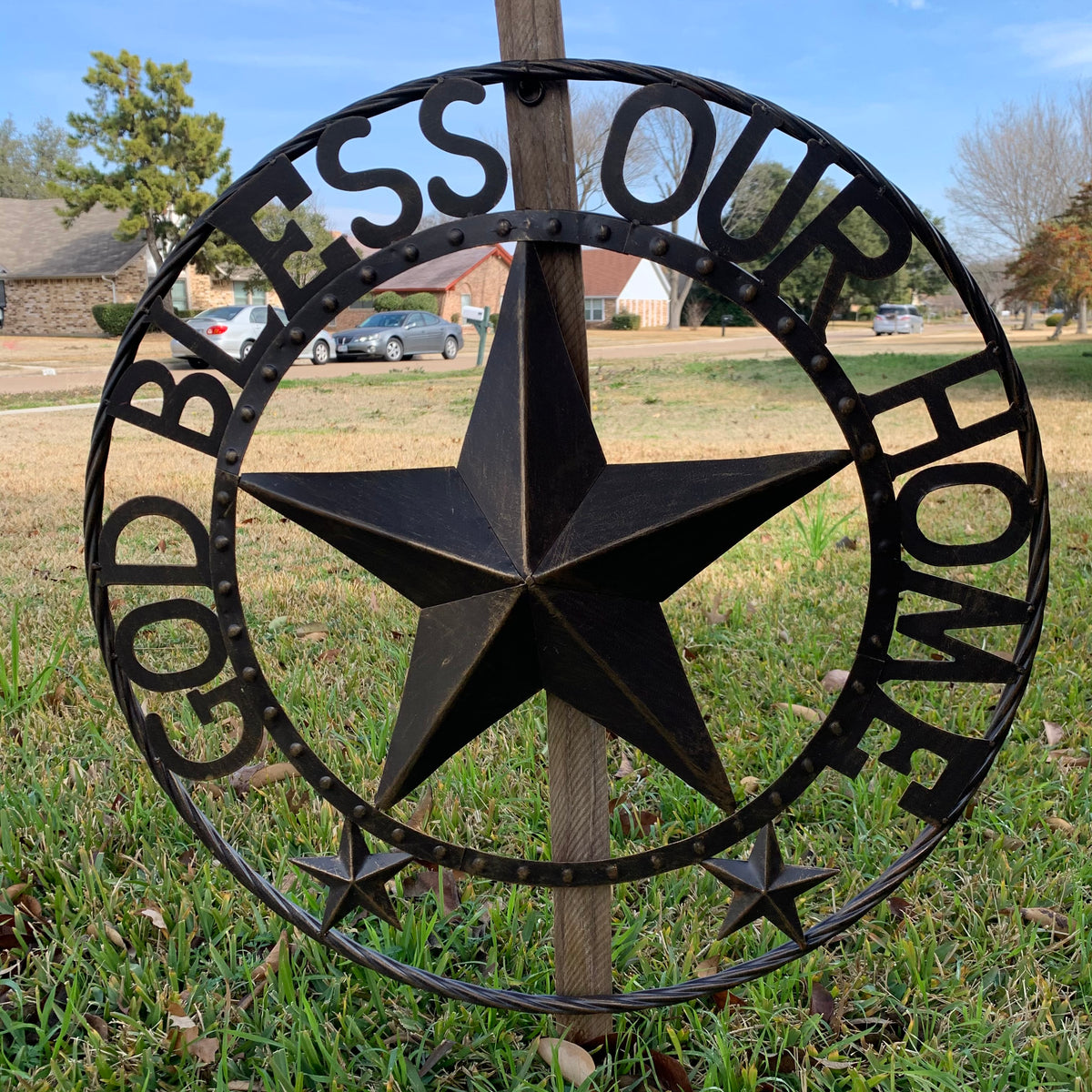 24" GOD BLESS OUR HOME BEADED STAR COLIBROX METAL TWISTED ROPE RING LONE STAR WALL ART WESTERN HOME DECOR RUSTIC DARK BRONZE COPPER HANDMADE NEW