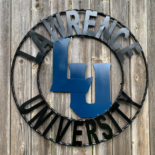 LAWRENCE UNIVERSITY METAL CUSTOM VINTAGE CRAFT WALL ART RUSTIC BLUE & BLACK TEAM SIGN HANDMADE