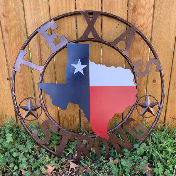 TEXAS STRONG SIGN METAL WALL ART WESTERN HOME DECOR RED WHITE BLUE WITH BRONZE RING HANDMADE #EH13212