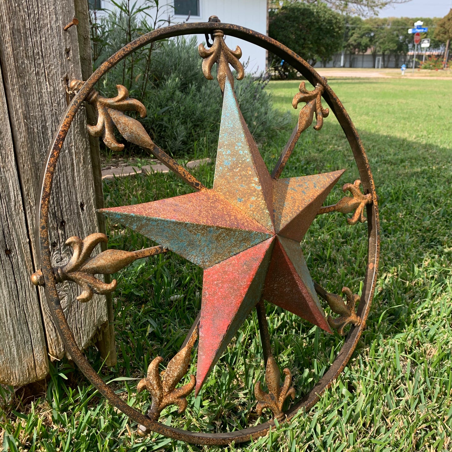 24" RUSTIC STAR & MULTI FLEUR DE LIS METAL WALL ART WESTERN HOME DECOR RED GOLD & TURQUOISE ART