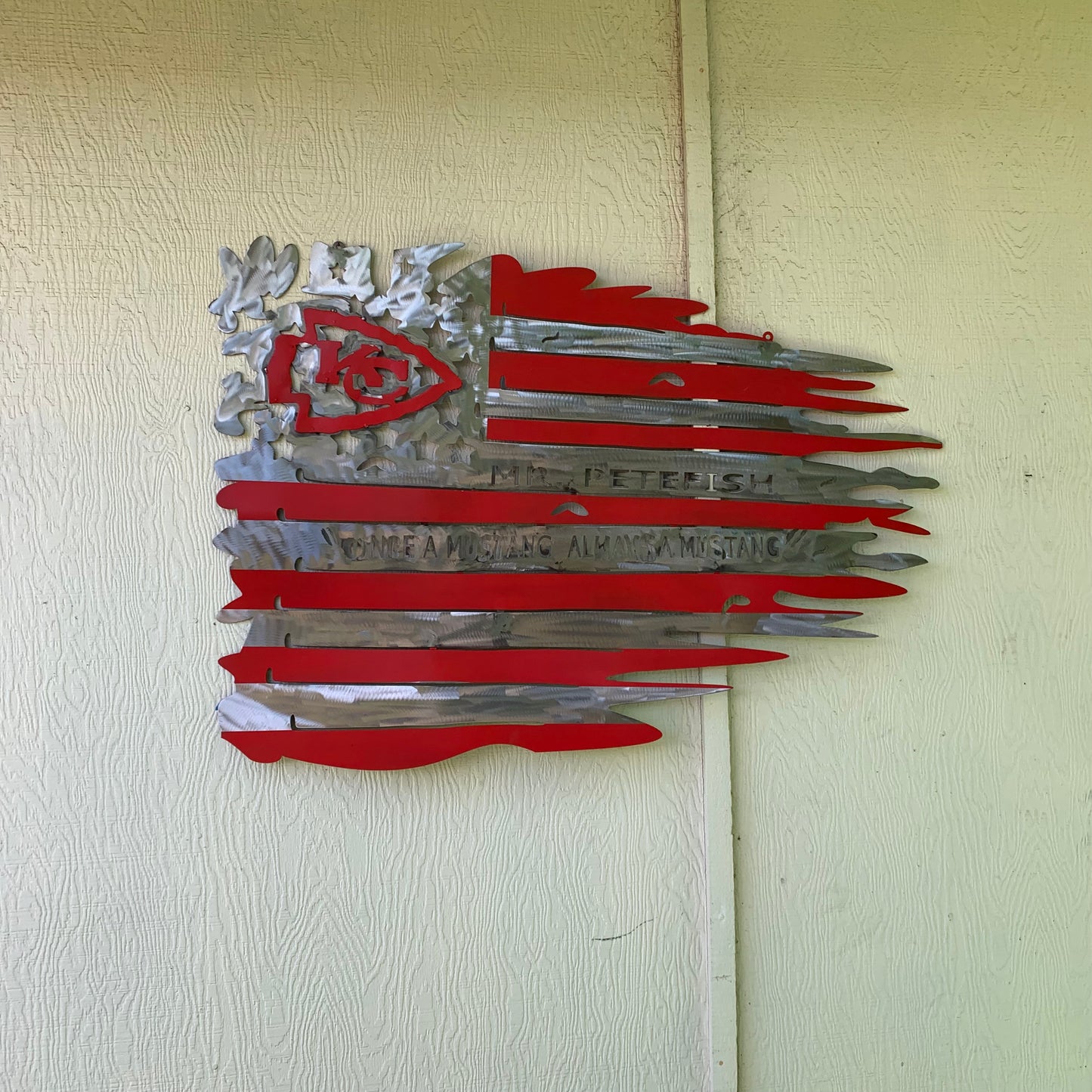 CUSTOM NAME KANSAS CITY CHIEFS METAL TATTERED FLAG CUSTOM VINTAGE CRAFT WALL ART HANDMADE