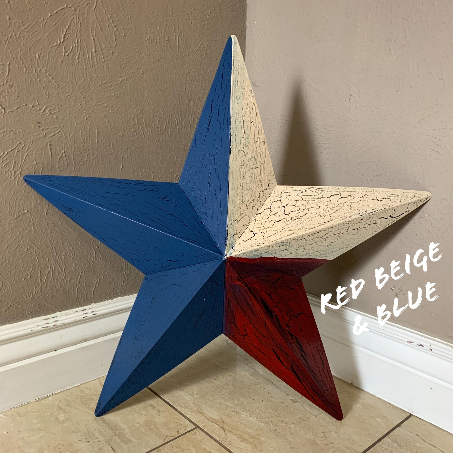 CRACKLE STYLE RED BEIGE & BLUE METAL BARN STAR METAL WALL ART WESTERN HOME DECOR RUSTIC NEW