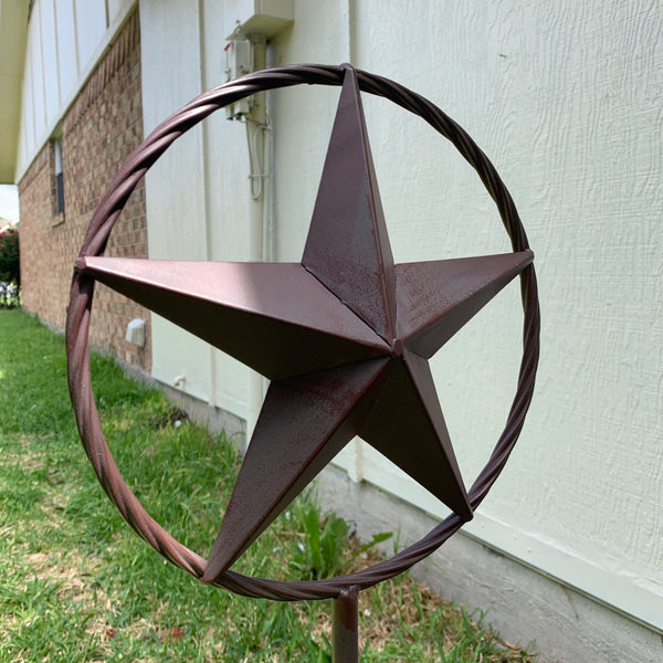 10",12",16",24" STAR STAKE METAL BARN STAR WITH TWISTED ROPE RING WESTERN HOME DECOR BROWN