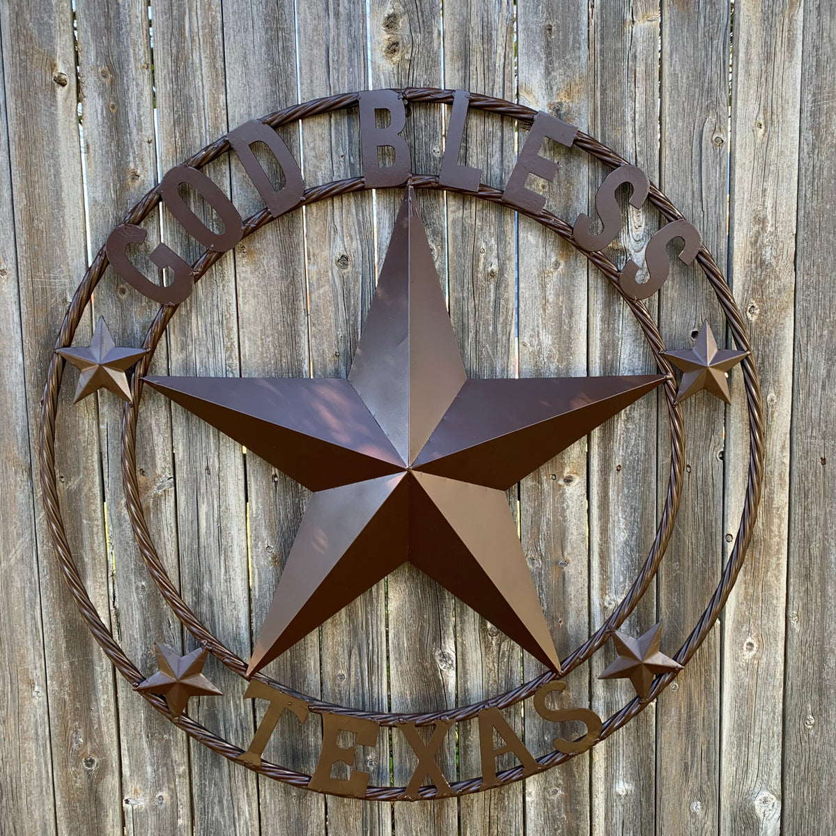 GOD BLESS TEXAS BROWN BARN STAR METAL LONE STAR TWISTED ROPE RING WESTERN HOME DECOR HANDMADE NEW #EH11085