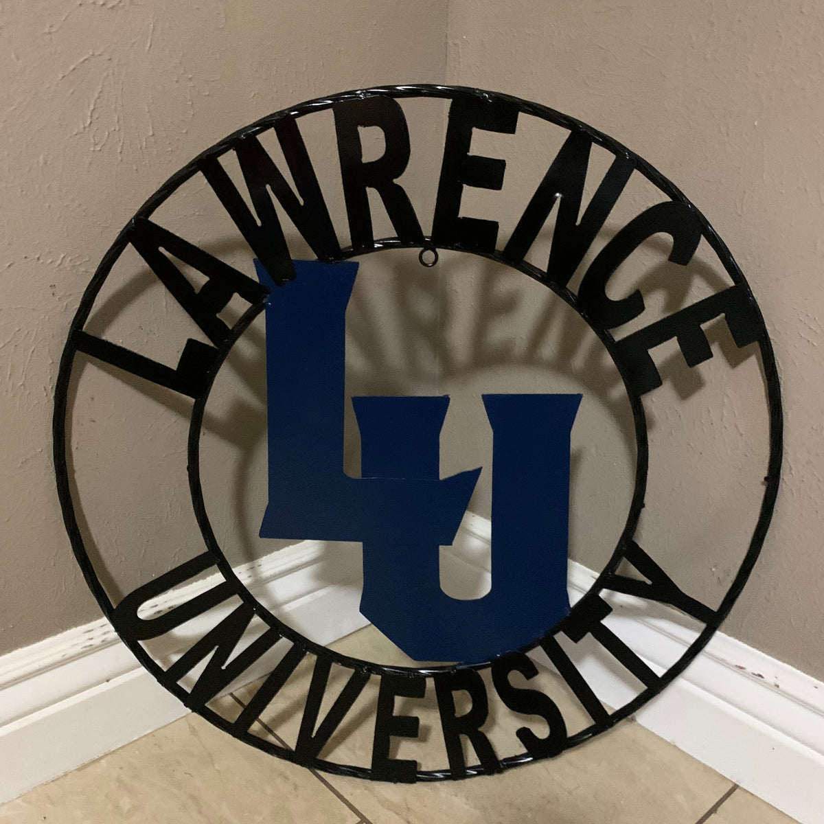 LAWRENCE UNIVERSITY METAL CUSTOM VINTAGE CRAFT WALL ART RUSTIC BLUE & BLACK TEAM SIGN HANDMADE