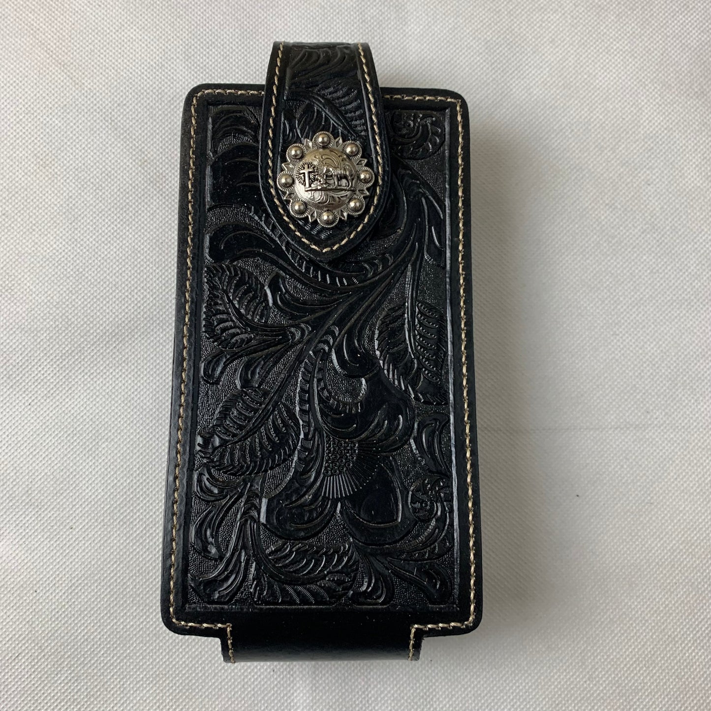 #WS341D 7" COWBOY PRAYER HOLSTER BLACK LEATHER POUCH EXTRA LARGE  BELT LOOP CELL PHONE CASE UNIVERSAL OVERSIZE--FREE SHIPPING
