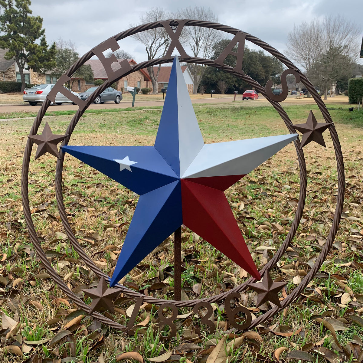 TEXAS 1836  FLAG STAR RED WHITE BLUE BARN STAR TWISTED ROPE RING BRONZE WESTERN HOME DECOR  #EH10958