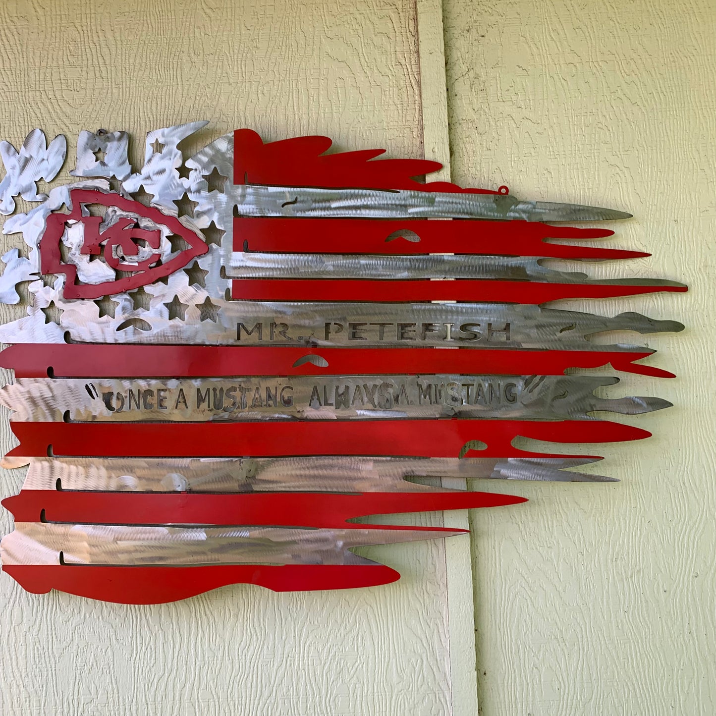 CUSTOM NAME KANSAS CITY CHIEFS METAL TATTERED FLAG CUSTOM VINTAGE CRAFT WALL ART HANDMADE