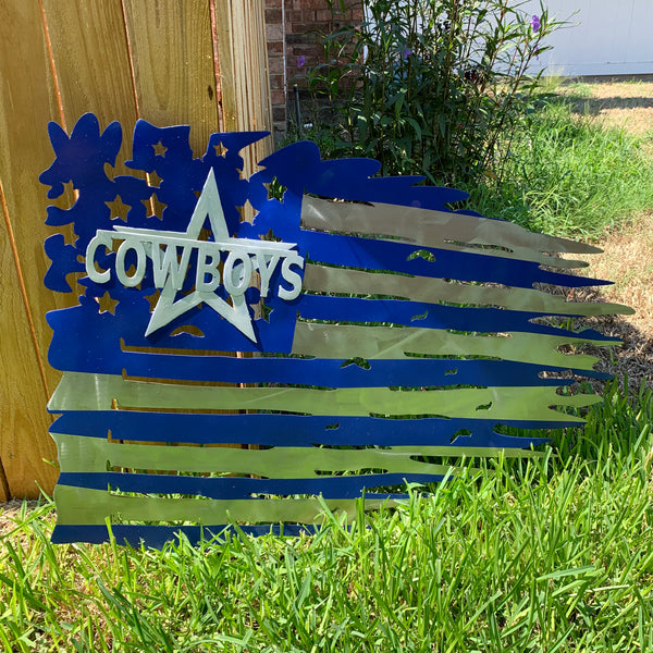 DALLAS COWBOYS METAL TATTERED FLAG BRIGHT BLUE & SILVER CUSTOM VINTAGE  CRAFT TEAM SIGN HANDMADE