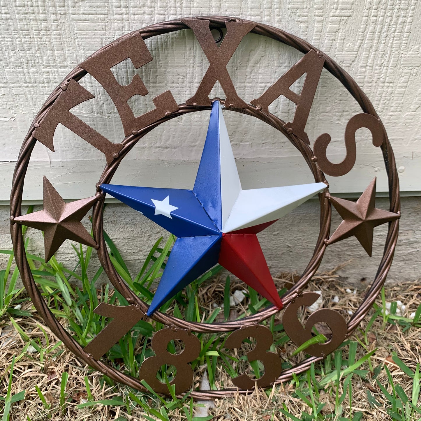 16" TEXAS 1836 RED WHITE BLUE TEXAS FLAG STAR BRONZE RING METAL BARN STAR WESTERN HOME DECOR HANDMADE NEW ART