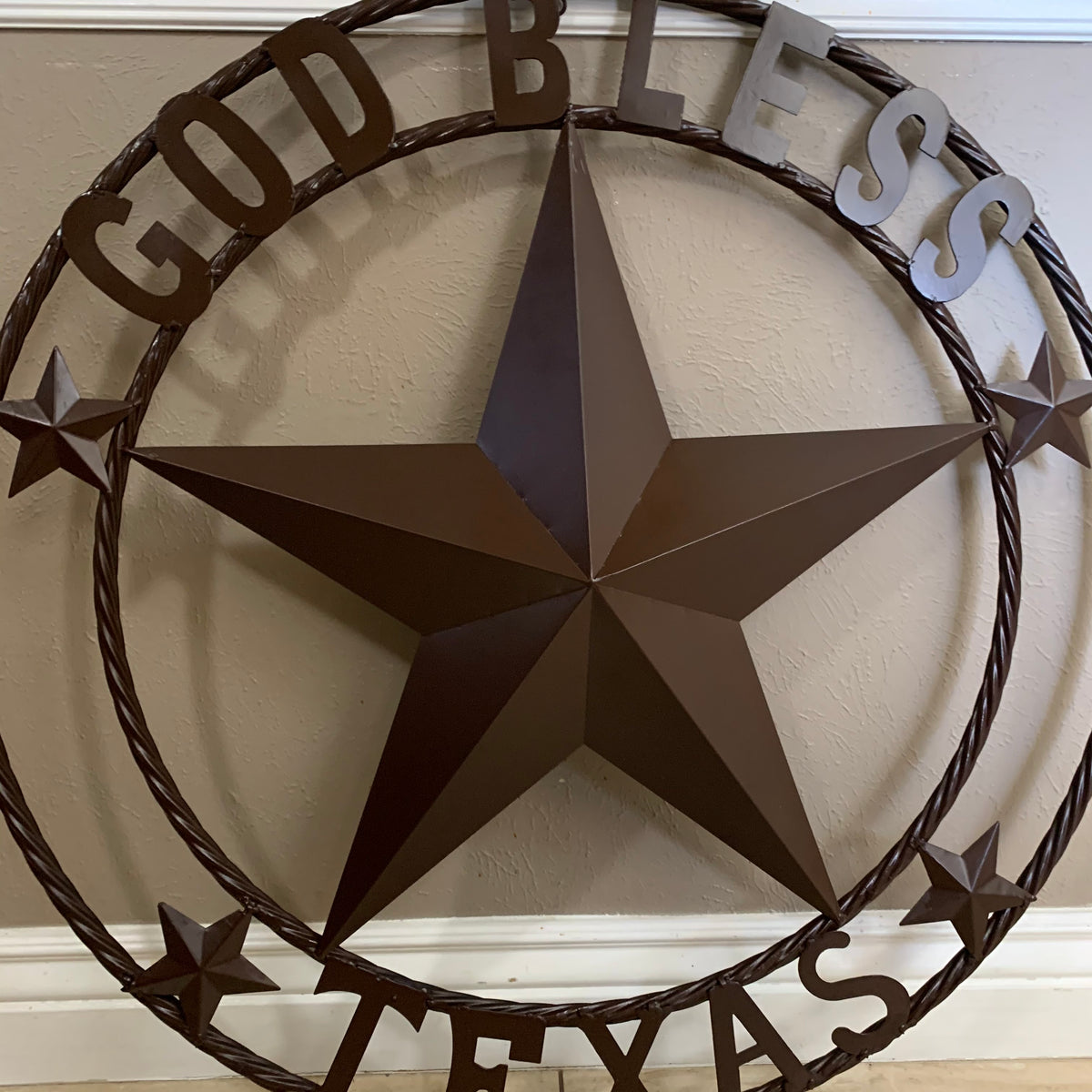 GOD BLESS TEXAS BROWN BARN STAR METAL LONE STAR TWISTED ROPE RING WESTERN HOME DECOR HANDMADE NEW #EH11085