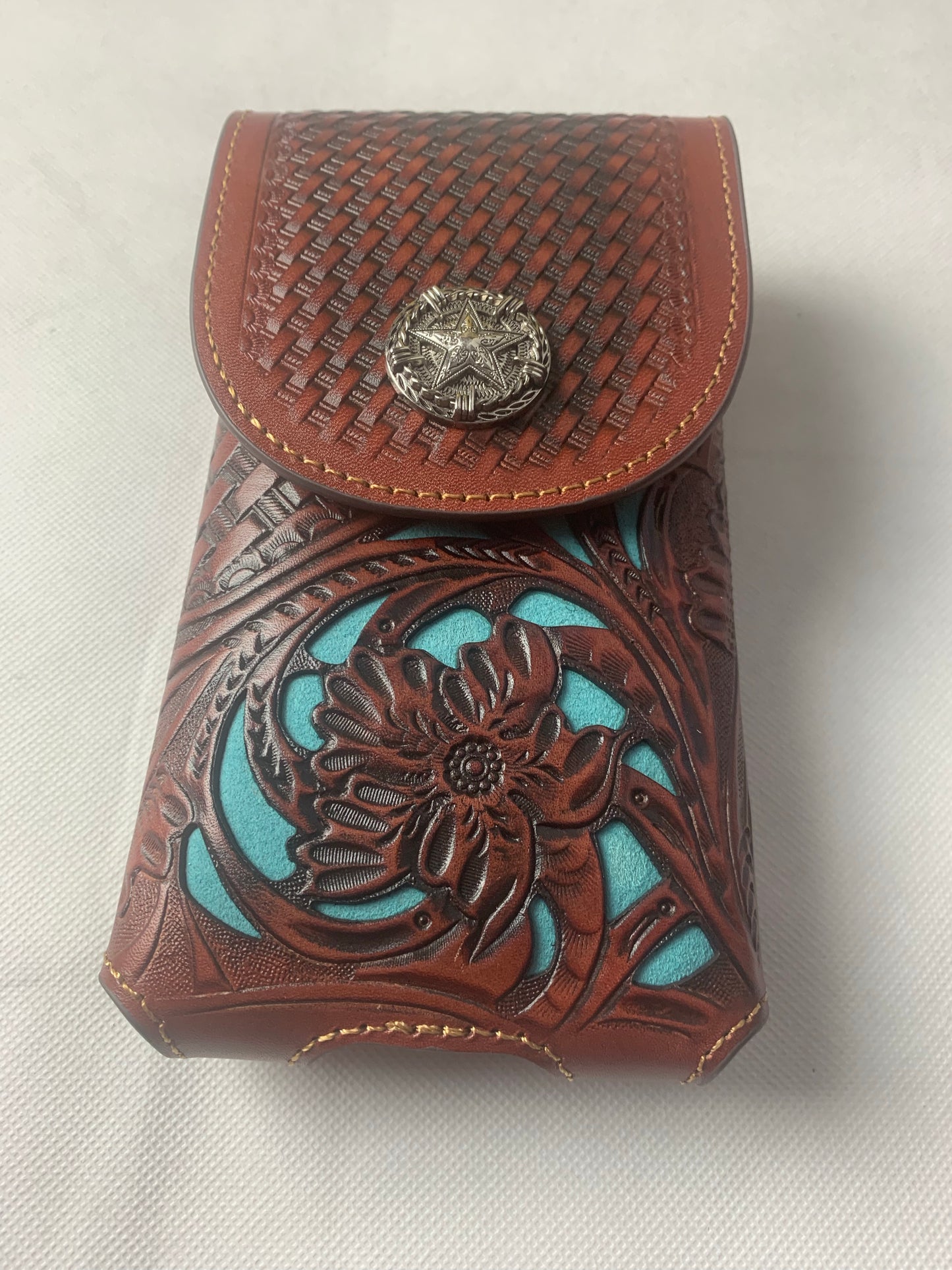 7" LONE STAR BLACK & TURQUOISE LEATHER HOLSTER POUCH EXTRA LARGE  BELT LOOP CELL PHONE CASE UNIVERSAL OVERSIZE--FREE SHIPPING