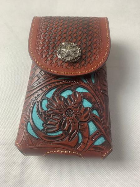 #LG1006 7" LONE STAR BLACK & TURQUOISE LEATHER POUCH EXTRA LARGE  BELT LOOP HOLSTER CELL PHONE CASE UNIVERSAL OVERSIZE--FREE SHIPPING