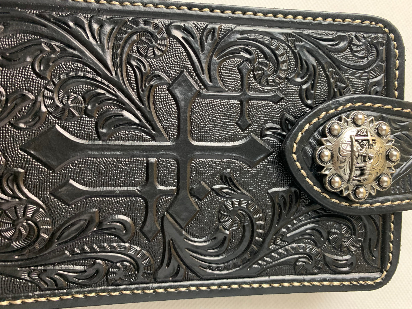 #WS341D 7" COWBOY PRAYER CROSS HOLSTER BLACK LEATHER POUCH EXTRA LARGE  BELT LOOP CELL PHONE CASE UNIVERSAL OVERSIZE--FREE SHIPPING