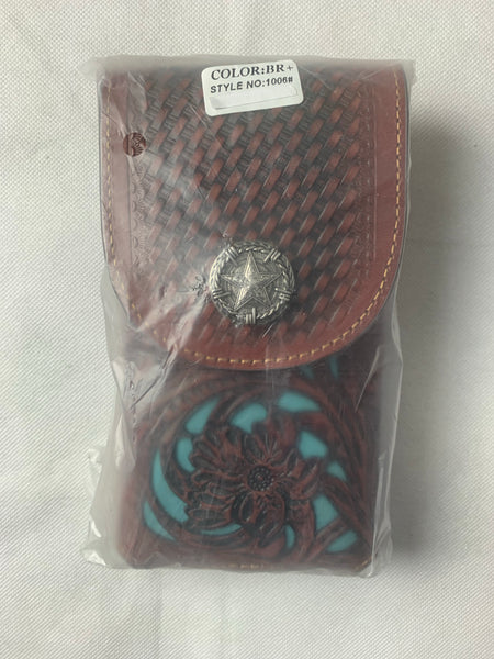 #LG1006 7" LONE STAR BLACK & TURQUOISE LEATHER POUCH EXTRA LARGE  BELT LOOP HOLSTER CELL PHONE CASE UNIVERSAL OVERSIZE--FREE SHIPPING