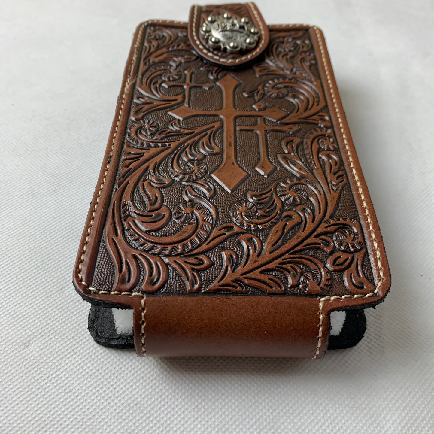 7" COWBOY PRAYER CROSS LEATHER HOLSTER POUCH COFFEE BROWN  LARGE  BELT LOOP HOLSTER CELL PHONE CASE UNIVERSAL OVERSIZE #WS344D--FREE SHIPPING