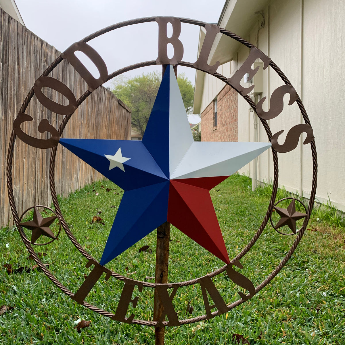 GOD BLESS TEXAS RED WHITE BLUE BARN METAL STAR BRONZE TWISTED ROPE RING WALL ART WESTERN HOME DECOR HANDMADE #EH11884