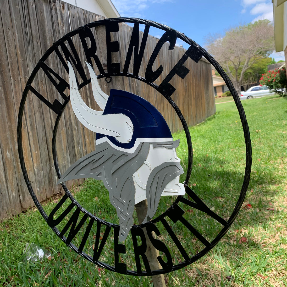 LAWRENCE UNIVERSITY METAL CUSTOM VINTAGE CRAFT WALL ART RUSTIC BLUE SILVER WHITE TEAM SIGN HANDMADE