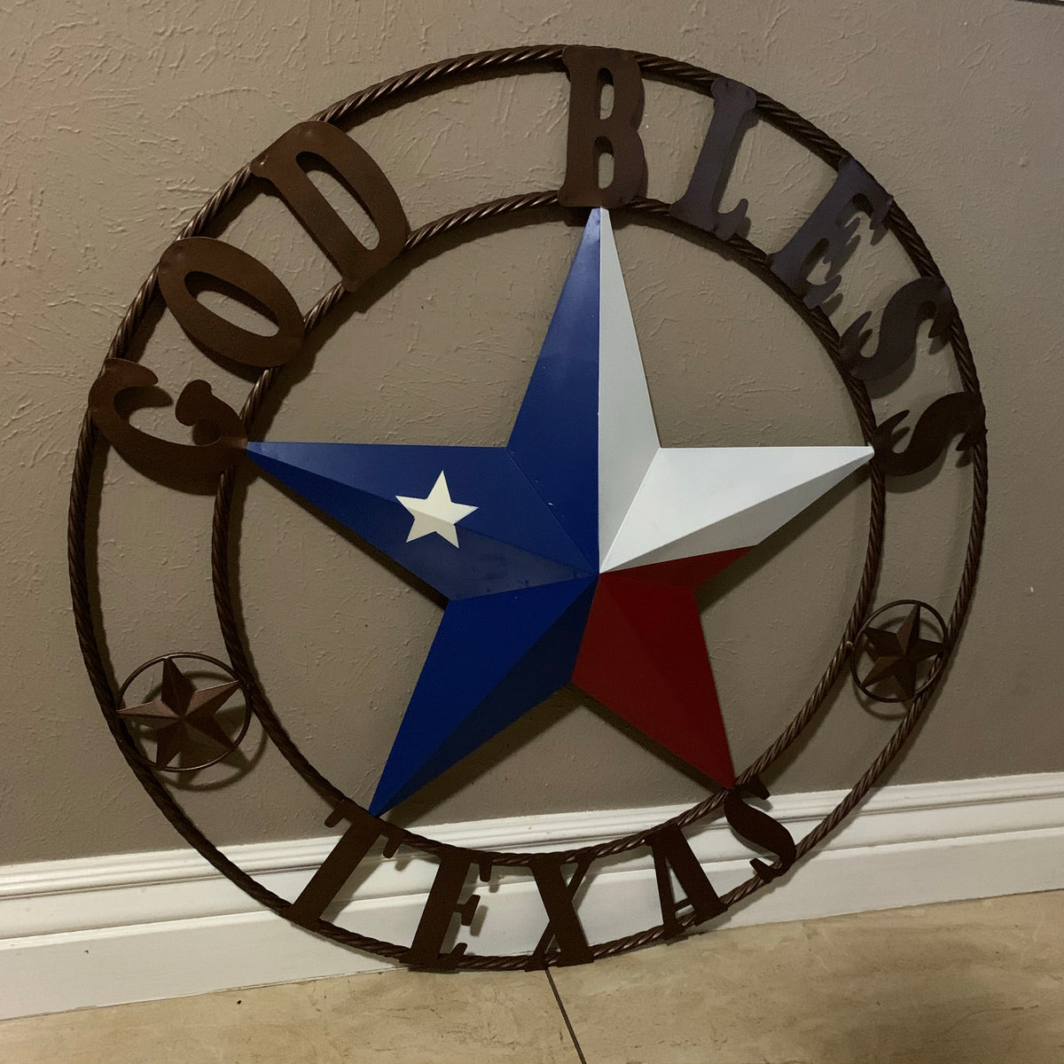 GOD BLESS TEXAS RED WHITE BLUE BARN METAL STAR BRONZE TWISTED ROPE RING WALL ART WESTERN HOME DECOR HANDMADE #EH11884