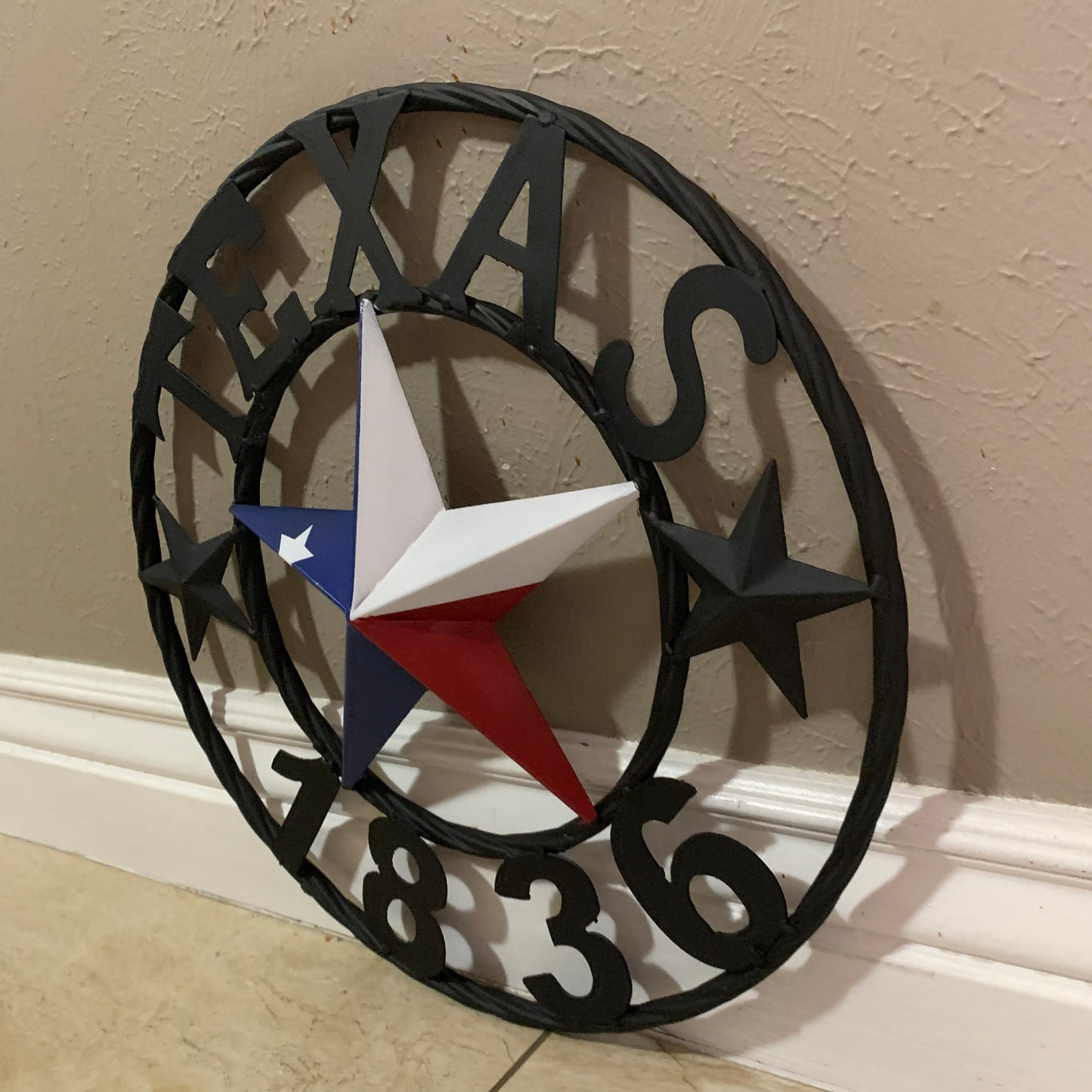 16" TEXAS 1836 RED WHITE BLUE TEXAS FLAG STAR & BLACK RING BARN STAR METAL WALL WESTERN HOME DECOR HANDMADE NEW ART