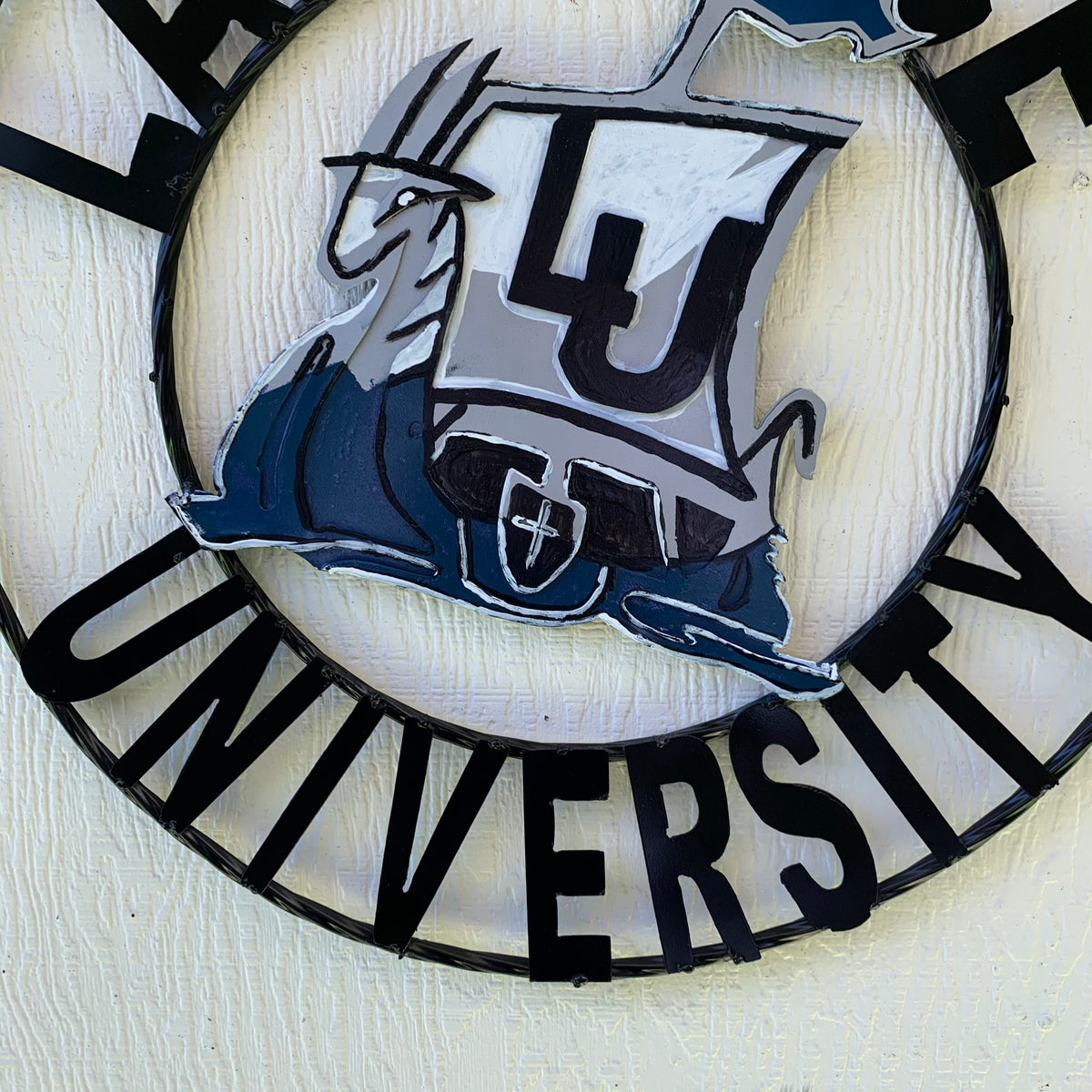 LAWRENCE UNIVERSITY METAL CUSTOM VINTAGE CRAFT WALL ART RUSTIC BLUE SILVER WHITE TEAM SIGN HANDMADE