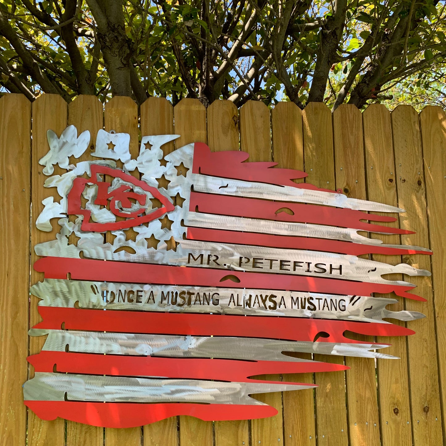 CUSTOM NAME KANSAS CITY CHIEFS METAL TATTERED FLAG CUSTOM VINTAGE CRAFT WALL ART HANDMADE