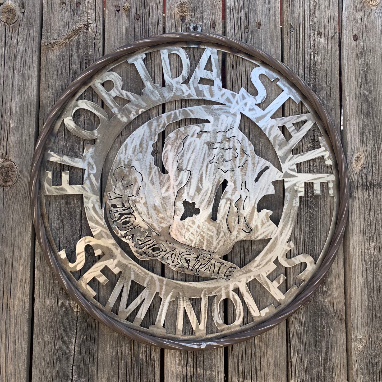 FSU FLORIDA STATE SEMINOLES INDIAN CUSTOM RAW METAL VINTAGE CRAFT TEAM SIGN HANDMADE