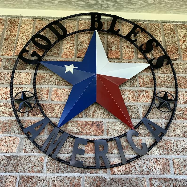 GOD BLESS AMERICA RED WHITE & BLUE METAL BARN STAR TWISTED ROPE RING WESTERN HOME DECOR HANDMADE NEW #EH10549