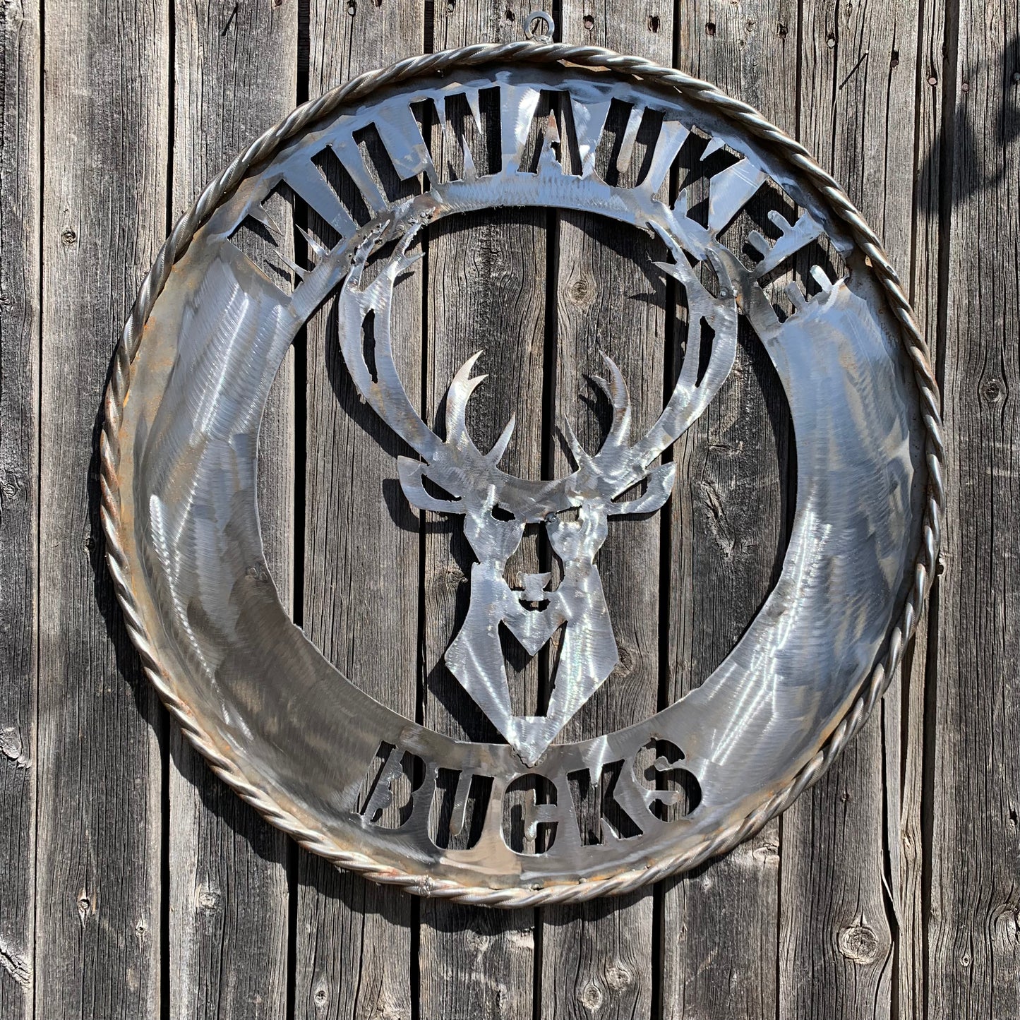 24" MILWAUKEE BUCKS RAW METAL WIDE BAND DISC STYLE METAL CUSTOM VINTAGE CRAFT TEAM SPORTS SIGN HANDMADE