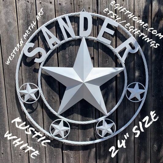 SANDER STYLE YOUR CUSTOM NAME STAR METAL BARN WHITE STAR 3d WITH TWISTED ROPE RING DESIGN METAL WALL ART WESTERN HOME DECOR VINTAGE RUSTIC NEW HANDMADE, 24", 32", 36", 40", 44", 46", 50"