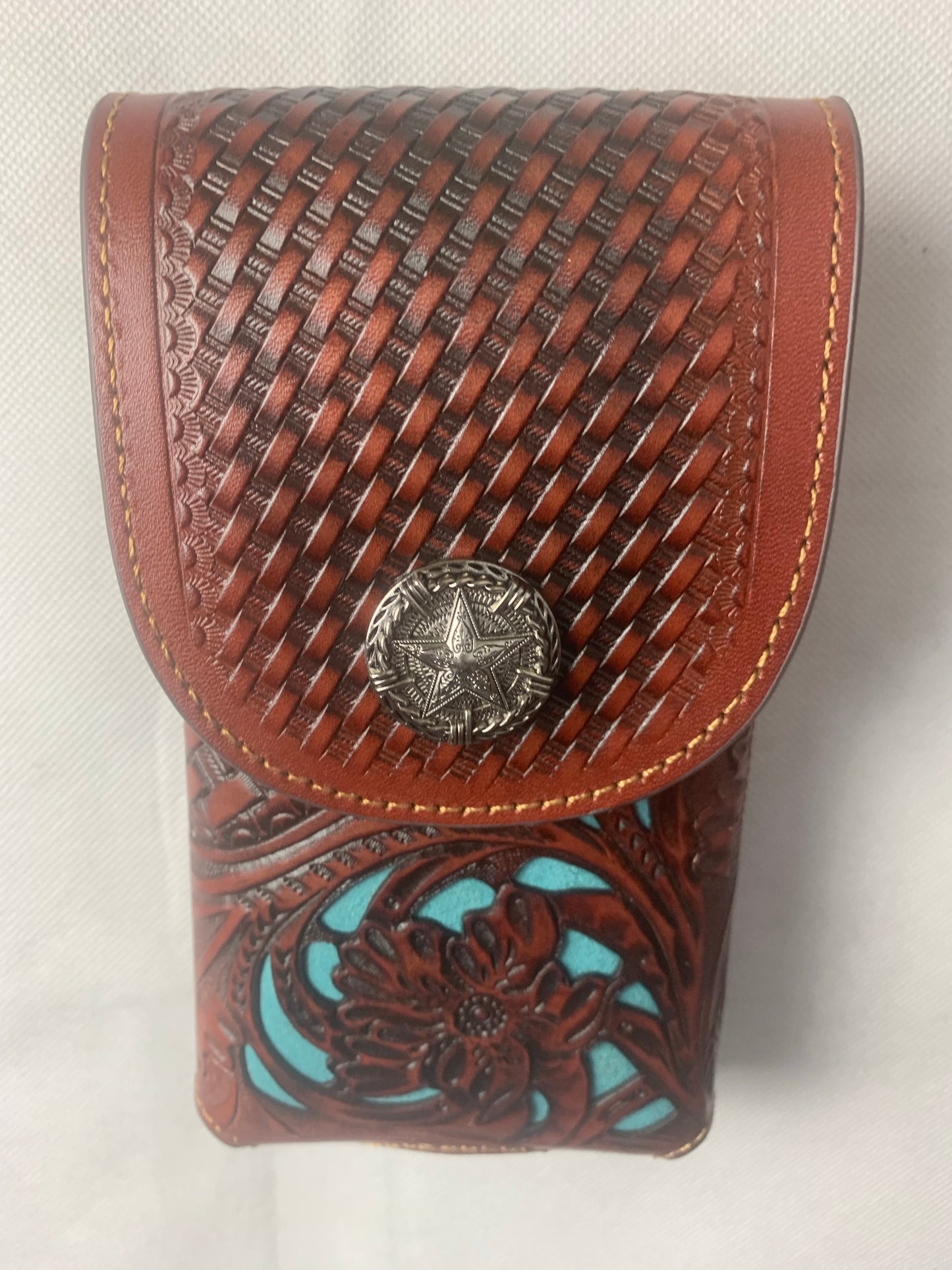 7" LONE STAR BLACK & TURQUOISE LEATHER HOLSTER POUCH EXTRA LARGE  BELT LOOP CELL PHONE CASE UNIVERSAL OVERSIZE--FREE SHIPPING
