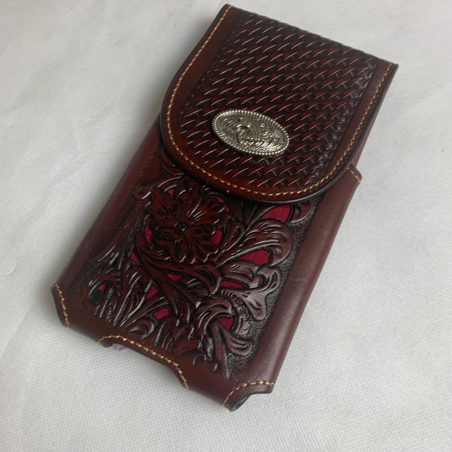 #LG2004  7.5" HORSE COFFEE BROWN & RED LEATHER POUCH EXTRA LARGE  BELT LOOP HOLSTER CELL PHONE CASE UNIVERSAL OVERSIZE