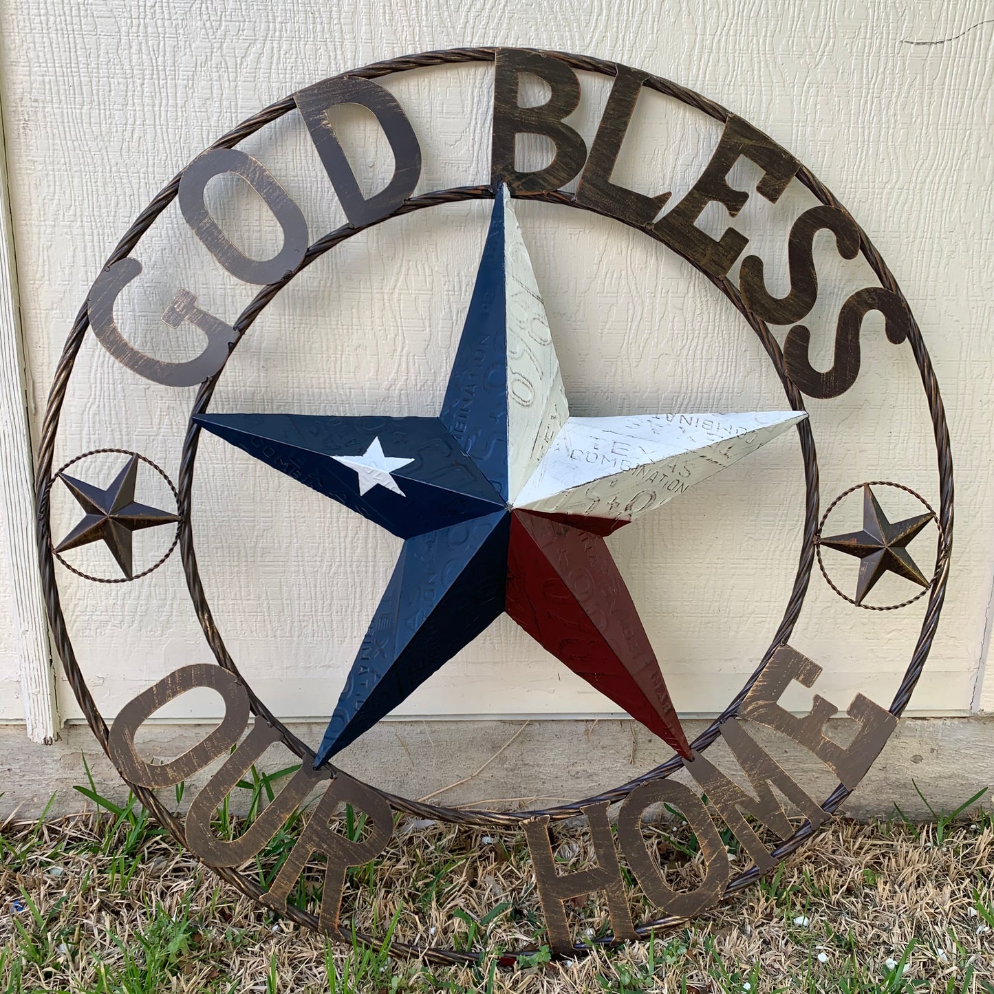 GOD BLESS OUR HOME LICENSE PLATE BARN METAL STAR ROPE RING WALL ART WESTERN HOME DECOR RED WHITE BLUE HANDMADE #EH12927