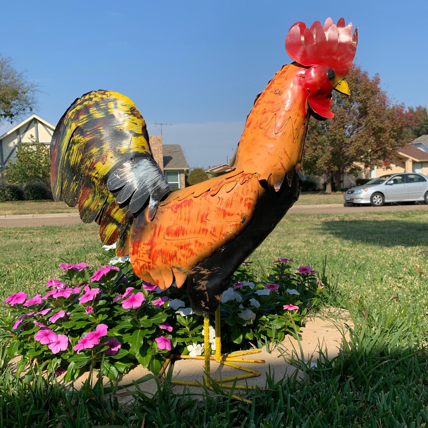 #34-025 RUSTIC ORANGE RED ROOSTER 18",30",40" GARDEN METAL ANIMAL SCULPTURE METAL DECOR ORNAMENT 16"L x 20" high