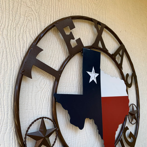 TEXAS STRONG SIGN METAL WALL ART WESTERN HOME DECOR RED WHITE BLUE WITH BRONZE RING HANDMADE #EH13212