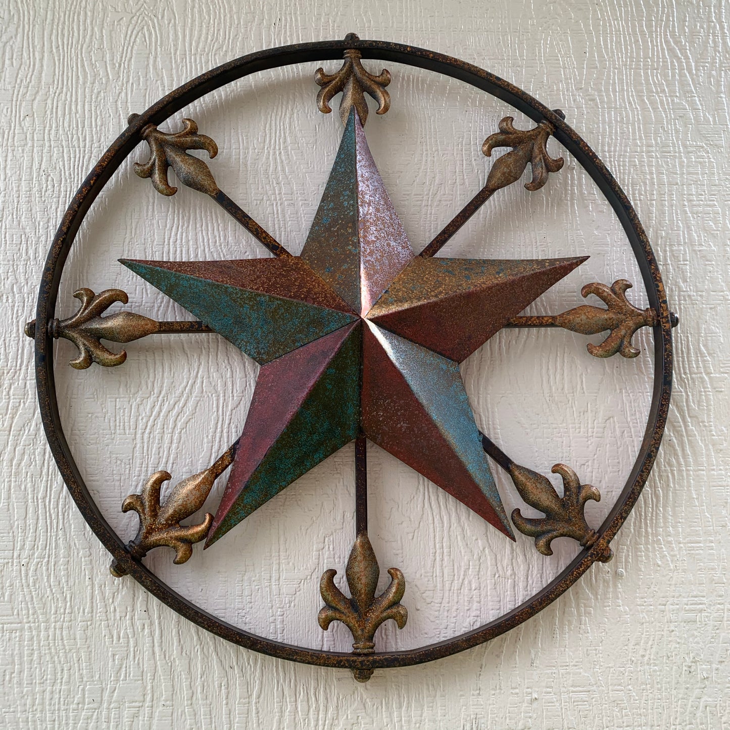 24" RUSTIC STAR & MULTI FLEUR DE LIS METAL WALL ART WESTERN HOME DECOR RED GOLD & TURQUOISE ART
