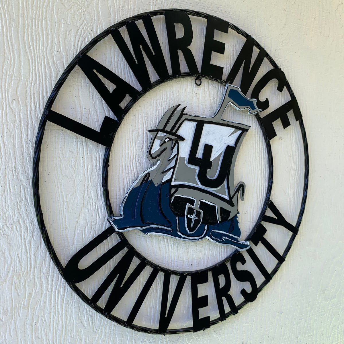 LAWRENCE UNIVERSITY METAL CUSTOM VINTAGE CRAFT WALL ART RUSTIC BLUE SILVER WHITE TEAM SIGN HANDMADE
