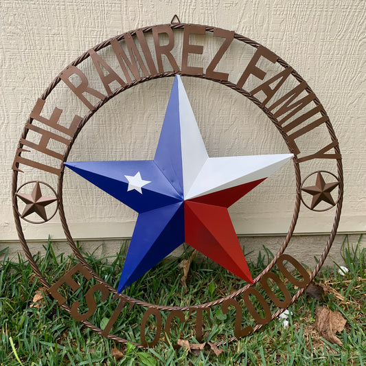 RAMIREZ STYLE YOUR CUSTOM NAME STAR METAL BARN 3d RED WHITE BLUE TWIST BRONZE RING  WESTERN HOME DECOR HANDMADE, 24",32",34",36",40",42",44", 46",48",50"