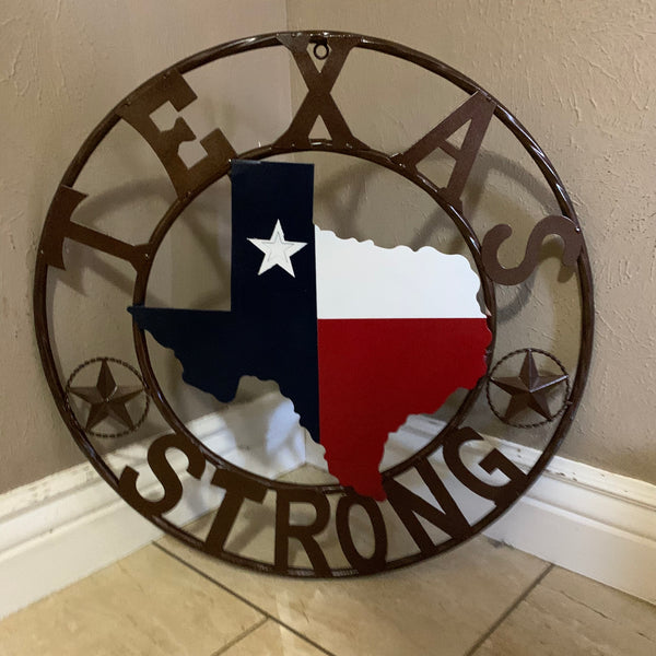 TEXAS STRONG SIGN METAL WALL ART WESTERN HOME DECOR RED WHITE BLUE WITH BRONZE RING HANDMADE #EH13212