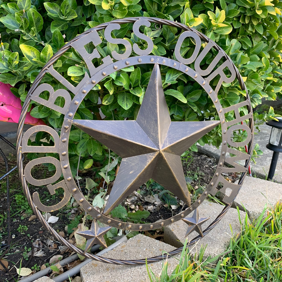 24" GOD BLESS OUR HOME BEADED STAR COLIBROX METAL TWISTED ROPE RING LONE STAR WALL ART WESTERN HOME DECOR RUSTIC DARK BRONZE COPPER HANDMADE NEW