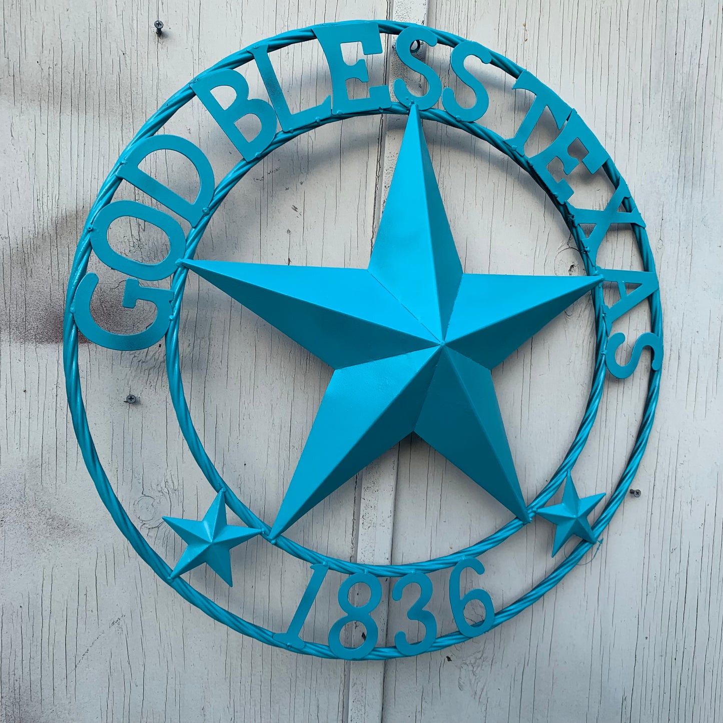 GOD BLESS TEXAS 1836 BARN METAL STAR TWISTED ROPE RING WESTERN HOME DECOR RUSTIC TURQUOISE SEASIDE NEW 24",32",36"