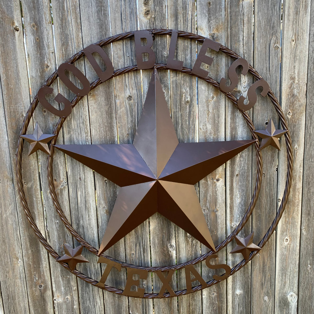 GOD BLESS TEXAS BROWN BARN STAR METAL LONE STAR TWISTED ROPE RING WESTERN HOME DECOR HANDMADE NEW #EH11085