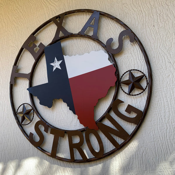 TEXAS STRONG SIGN METAL WALL ART WESTERN HOME DECOR RED WHITE BLUE WITH BRONZE RING HANDMADE #EH13212