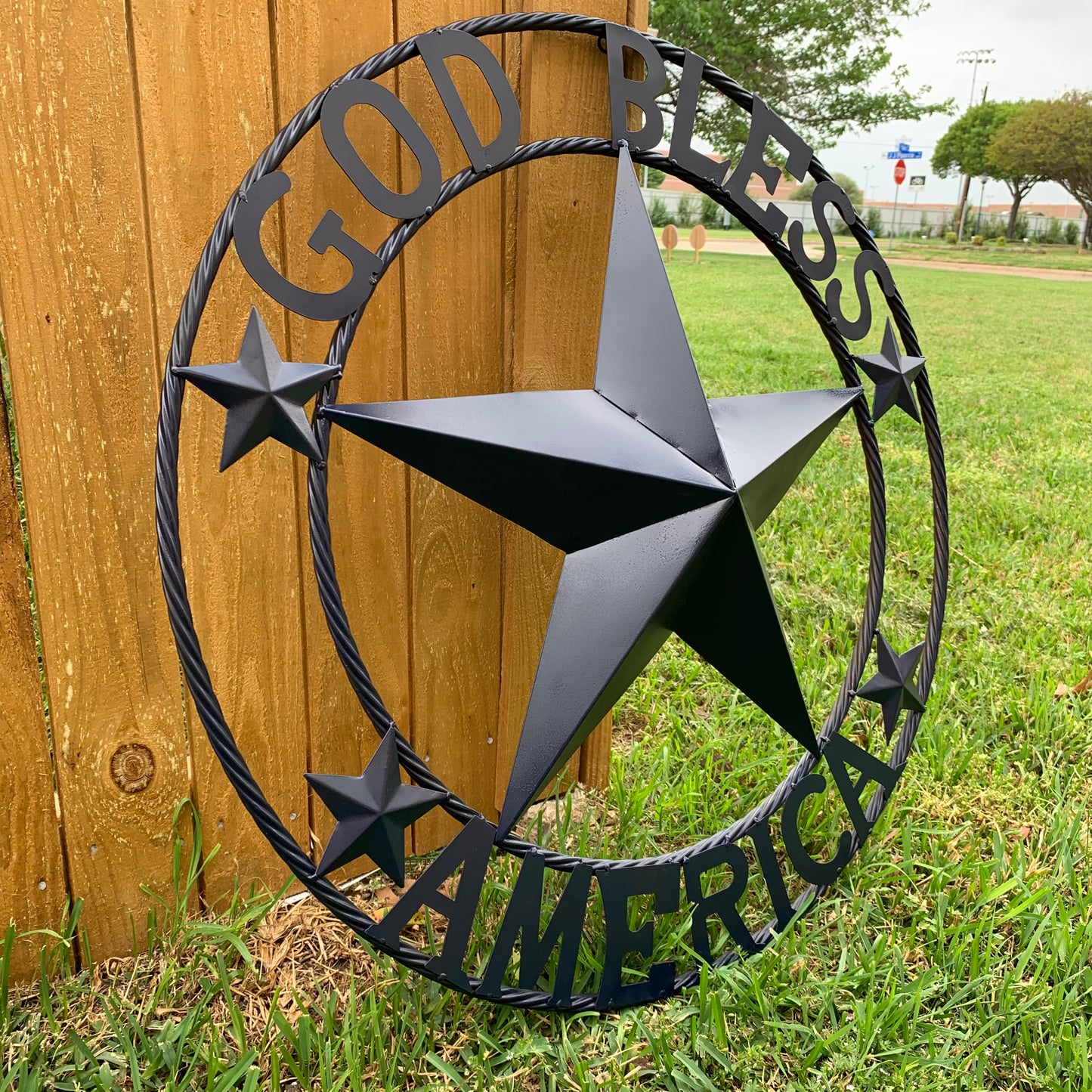 GOD BLESS AMERICA NAVY BLUE METAL BARN STAR RING ART WESTERN HOME DECOR NEW-#EH10131