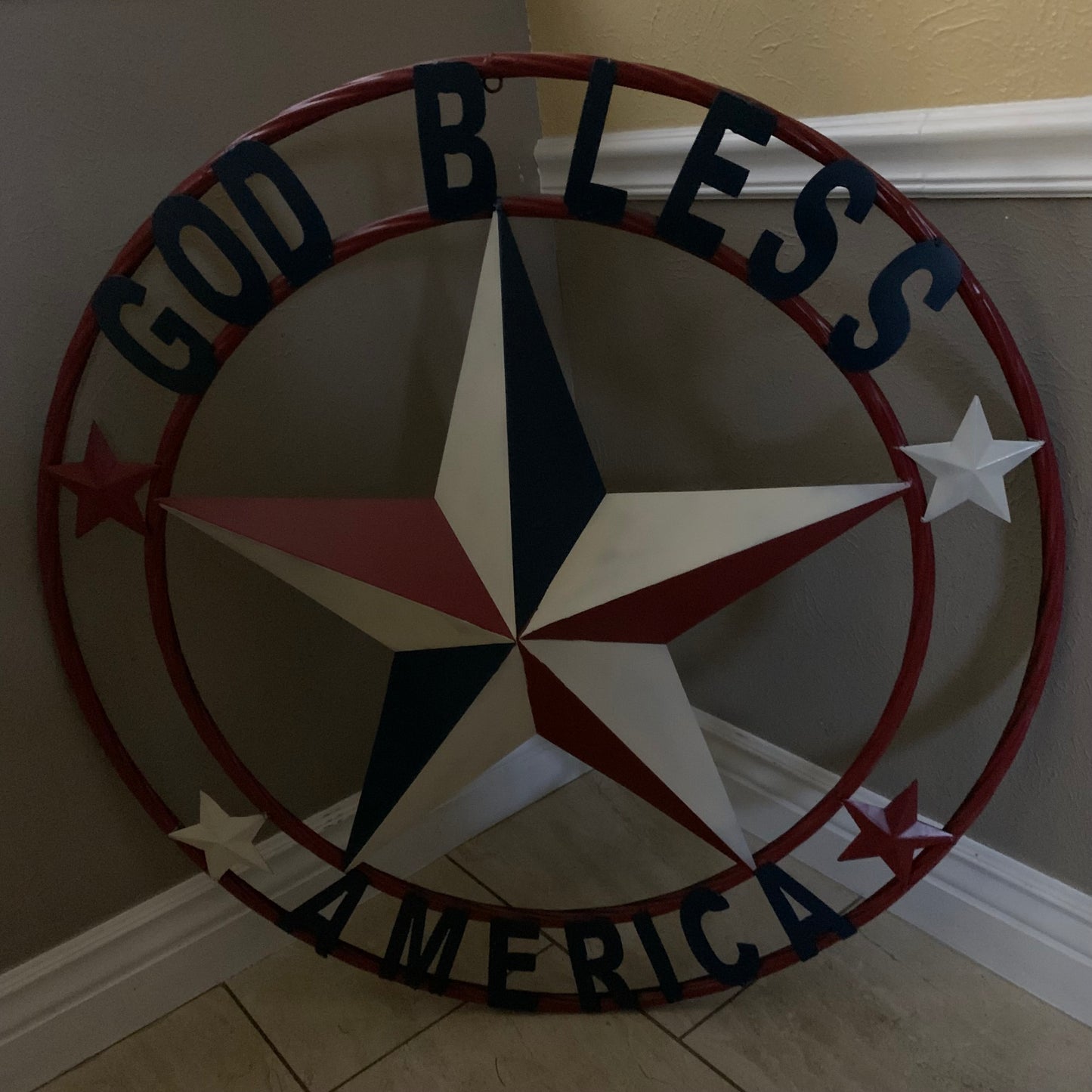 #EH10489 GOD BLESS AMERICA USA FLAG BARN STAR METAL RED WHITE BLUE WESTER HOME DECOR HANDMADE NEW